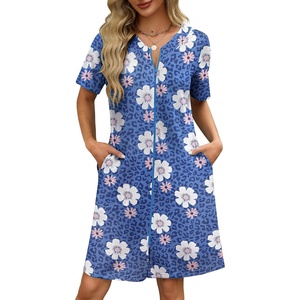 Ekouaer Women Zipper Robe Waffle Bathrobe Short House Coat with Pockets | Lightweight Robe, Short Sleeve, Waffle Material, V Neck(Blue Leopard Floral)