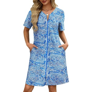 Ekouaer Women Zipper Robe Waffle Bathrobe Short House Coat with Pockets | Lightweight Robe, Short Sleeve, Waffle Material, V Neck(Blue Paisley)