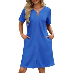Ekouaer Women Zipper Robe Waffle Bathrobe Short House Coat with Pockets | Lightweight Robe, Short Sleeve, Waffle Material, V Neck(Bright Cobalt Blue)