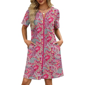 Ekouaer Women Zipper Robe Waffle Bathrobe Short House Coat with Pockets | Lightweight Robe, Short Sleeve, Waffle Material, V Neck(Bright Paisley)