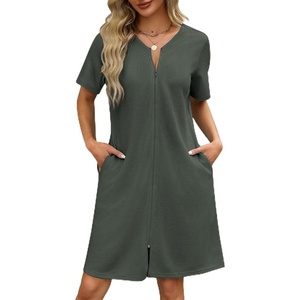Ekouaer Women Zipper Robe Waffle Bathrobe Short House Coat with Pockets | Lightweight Robe, Short Sleeve, Waffle Material, V Neck(Deep Army Green)