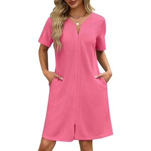 Ekouaer Women Zipper Robe Waffle Bathrobe Short House Coat with Pockets | Lightweight Robe, Short Sleeve, Waffle Material, V Neck(Hot Pink)