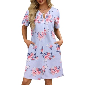 Ekouaer Women Zipper Robe Waffle Bathrobe Short House Coat with Pockets | Lightweight Robe, Short Sleeve, Waffle Material, V Neck(Light Blue Floral)