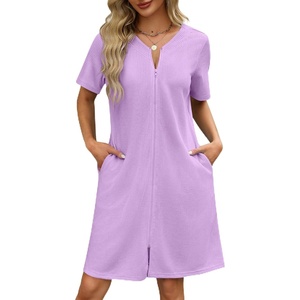 Ekouaer Women Zipper Robe Waffle Bathrobe Short House Coat with Pockets | Lightweight Robe, Short Sleeve, Waffle Material, V Neck(Light Purple)