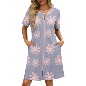 Ekouaer Women Zipper Robe Waffle Bathrobe Short House Coat with Pockets | Lightweight Robe, Short Sleeve, Waffle Material, V Neck(Light Purple Floral)