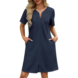 Ekouaer Women Zipper Robe Waffle Bathrobe Short House Coat with Pockets | Lightweight Robe, Short Sleeve, Waffle Material, V Neck(Navy Blue)