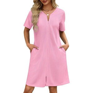 Ekouaer Women Zipper Robe Waffle Bathrobe Short House Coat with Pockets | Lightweight Robe, Short Sleeve, Waffle Material, V Neck(Pink)