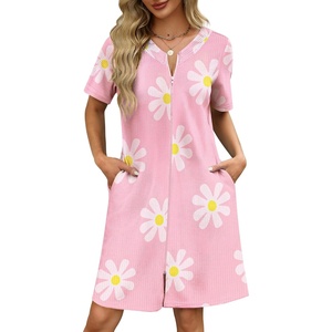 Ekouaer Women Zipper Robe Waffle Bathrobe Short House Coat with Pockets | Lightweight Robe, Short Sleeve, Waffle Material, V Neck(Pink Floral)