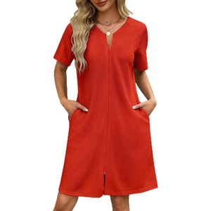 Ekouaer Women Zipper Robe Waffle Bathrobe Short House Coat with Pockets | Lightweight Robe, Short Sleeve, Waffle Material, V Neck(Red)