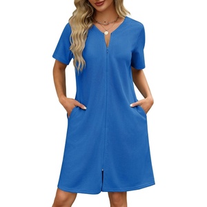 Ekouaer Women Zipper Robe Waffle Bathrobe Short House Coat with Pockets | Lightweight Robe, Short Sleeve, Waffle Material, V Neck(Royal Blue)