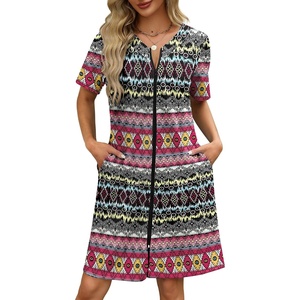 Ekouaer Women Zipper Robe Waffle Bathrobe Short House Coat with Pockets | Lightweight Robe, Short Sleeve, Waffle Material, V Neck(Tribal Geo Stripe)