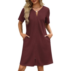 Ekouaer Women Zipper Robe Waffle Bathrobe Short House Coat with Pockets | Lightweight Robe, Short Sleeve, Waffle Material, V Neck(Wine Red)