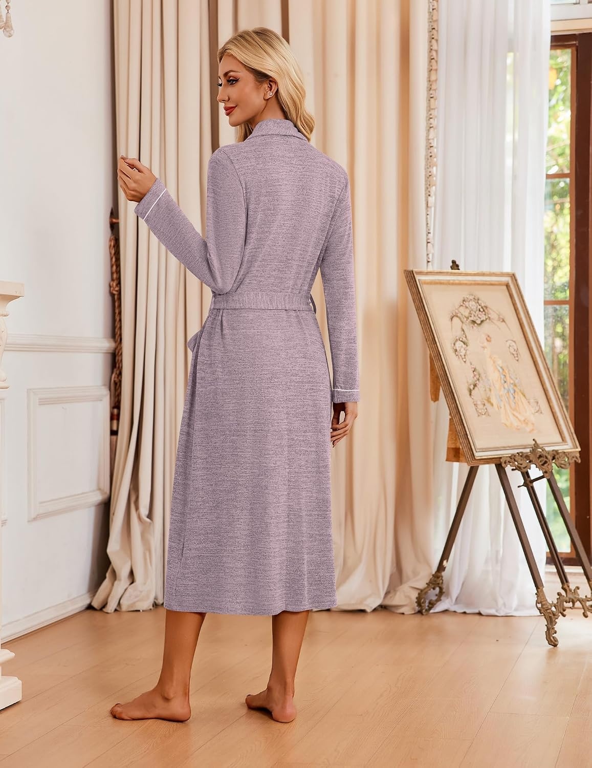 image:imageEkouaer Robes for Women Long Knit Bathrobe Soft Lightweight Kimono Robes Womens Long Robes Soft Long Sleeve BathRobes with Pockets Ladies Mid Calf Length Casual Sleepwear with Inner Tie Outer BeltPurple