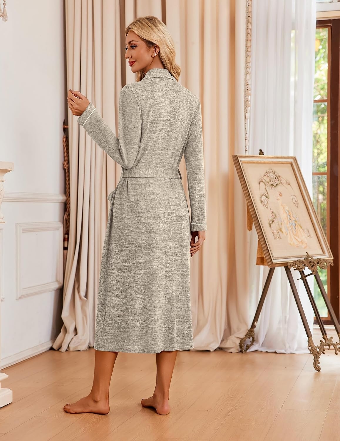image:imageEkouaer Robes for Women Long Knit Bathrobe Soft Lightweight Kimono Robes Womens Long Robes Soft Long Sleeve BathRobes with Pockets Ladies Mid Calf Length Casual Sleepwear with Inner Tie Outer BeltKhaki