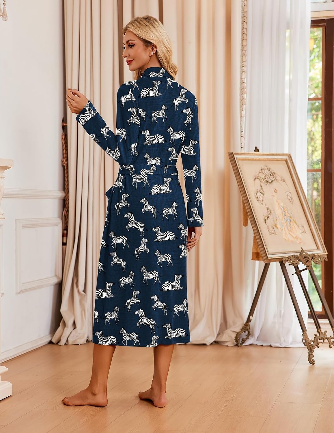 image:imageEkouaer Robes for Women Long Knit Bathrobe Soft Lightweight Kimono Robes Womens Long Robes Soft Long Sleeve BathRobes with Pockets Ladies Mid Calf Length Casual Sleepwear with Inner Tie Outer BeltZebra Print