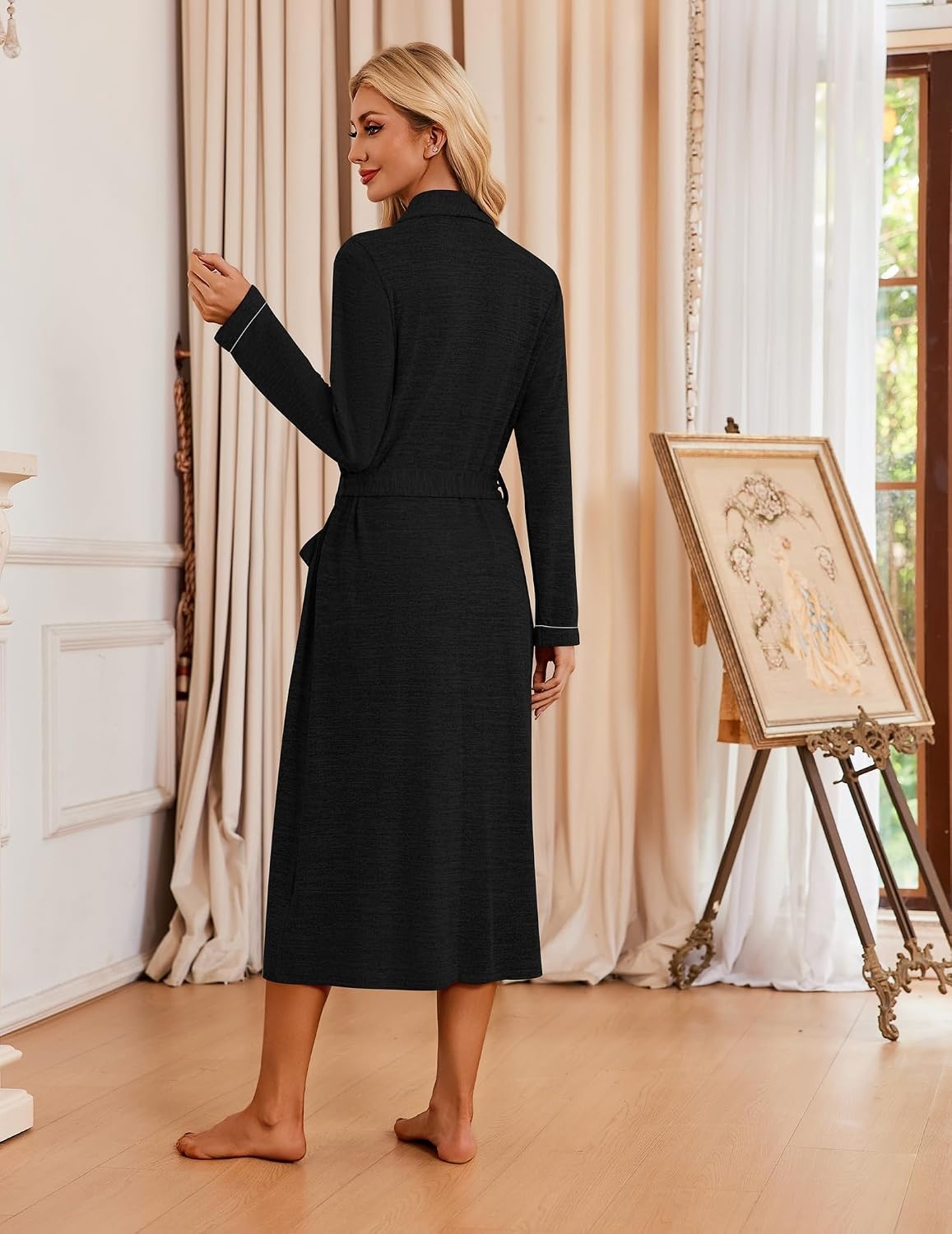 image:imageEkouaer Robes for Women Long Knit Bathrobe Soft Lightweight Kimono Robes Womens Long Robes Soft Long Sleeve BathRobes with Pockets Ladies Mid Calf Length Casual Sleepwear with Inner Tie Outer BeltBlack