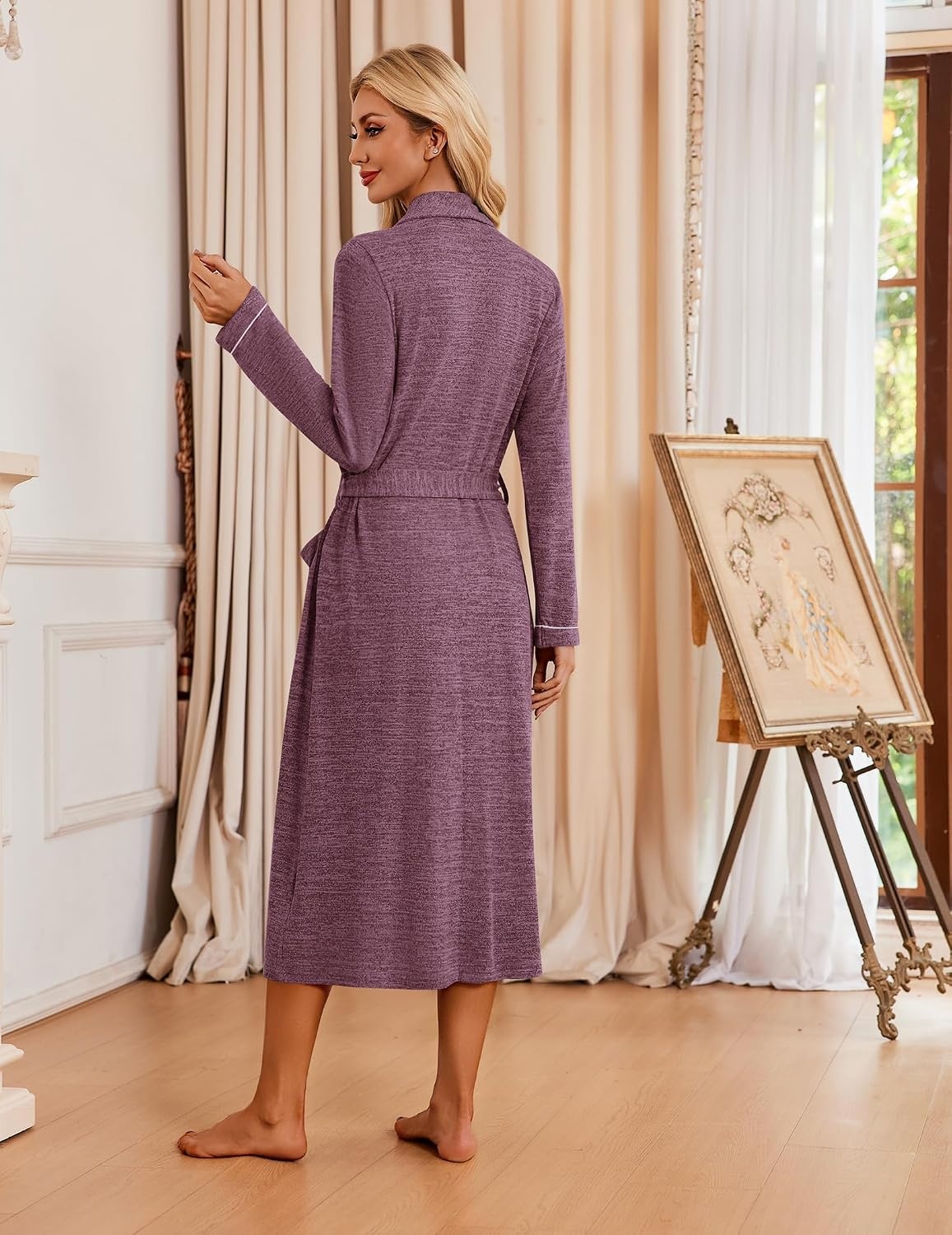 image:imageEkouaer Robes for Women Long Knit Bathrobe Soft Lightweight Kimono Robes Womens Long Robes Soft Long Sleeve BathRobes with Pockets Ladies Mid Calf Length Casual Sleepwear with Inner Tie Outer BeltMaroon