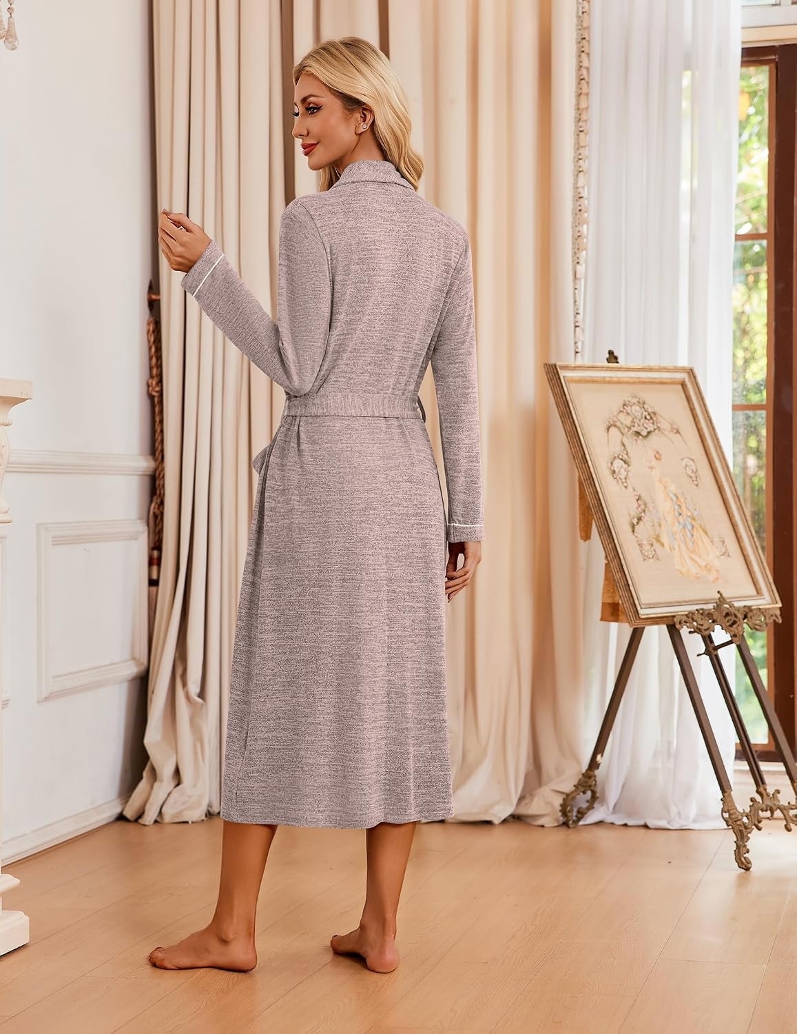 image:imageEkouaer Robes for Women Long Knit Bathrobe Soft Lightweight Kimono Robes Womens Long Robes Soft Long Sleeve BathRobes with Pockets Ladies Mid Calf Length Casual Sleepwear with Inner Tie Outer BeltPink