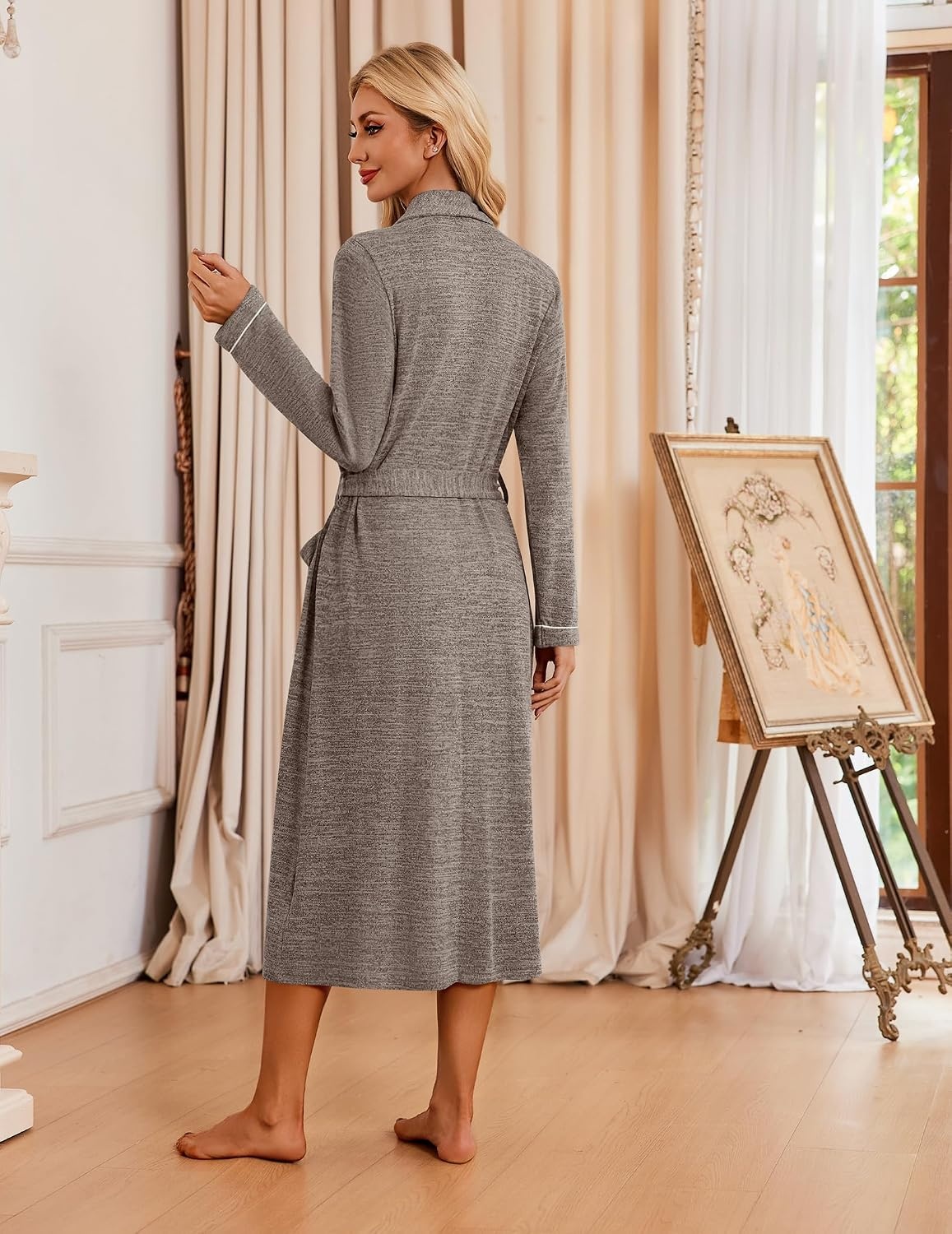 image:imageEkouaer Robes for Women Long Knit Bathrobe Soft Lightweight Kimono Robes Womens Long Robes Soft Long Sleeve BathRobes with Pockets Ladies Mid Calf Length Casual Sleepwear with Inner Tie Outer BeltLight Brown