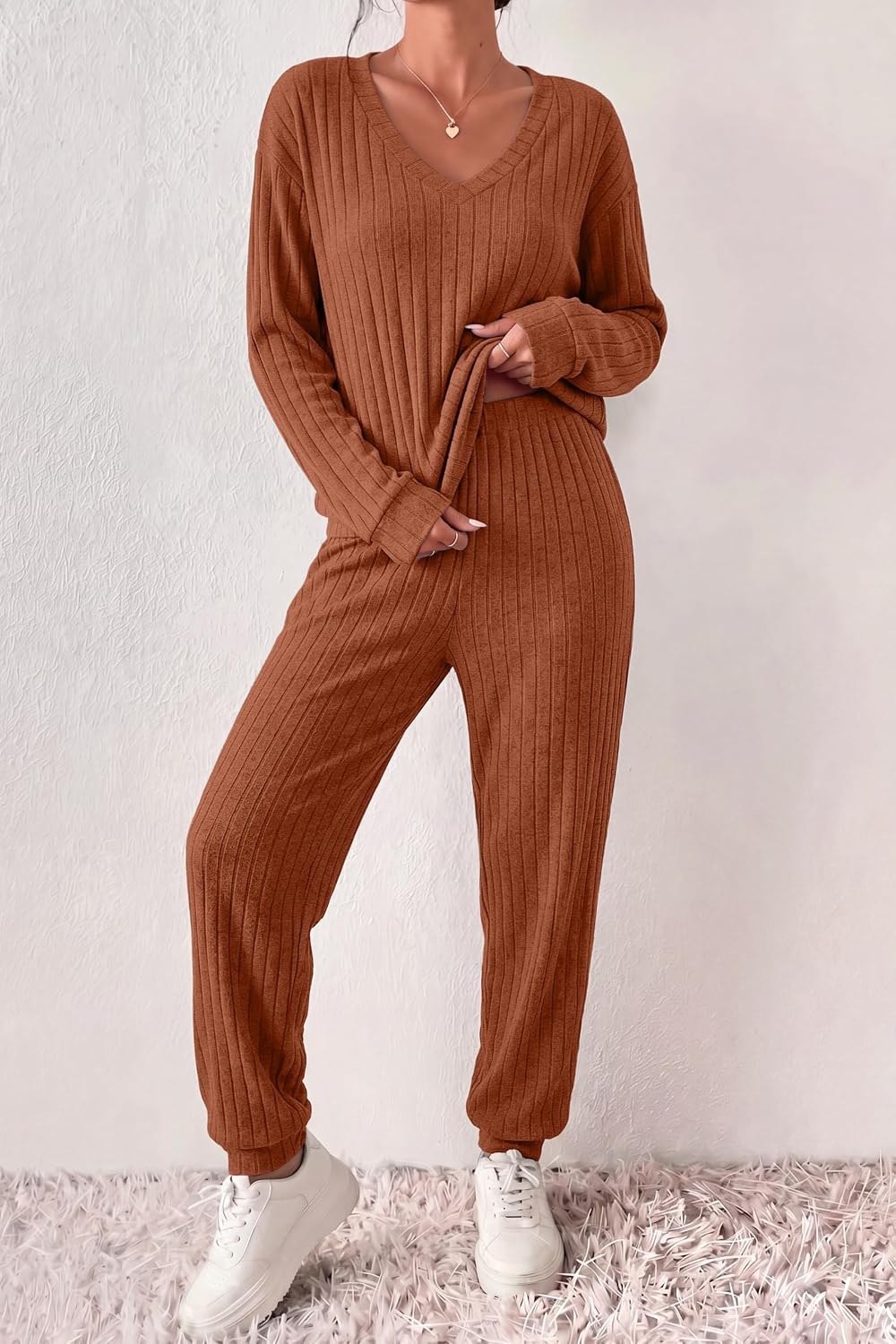 image:imageEkouaer Womens 2 Piece Long Sleeve Lounge Set Ribbed Knit Pajamas Set Ribbed Knit Fabric Soft Lounge Sets Fall Sleepwear Airport Outfits Jogger Pants With Pockets Matching Track SuitsCaramel