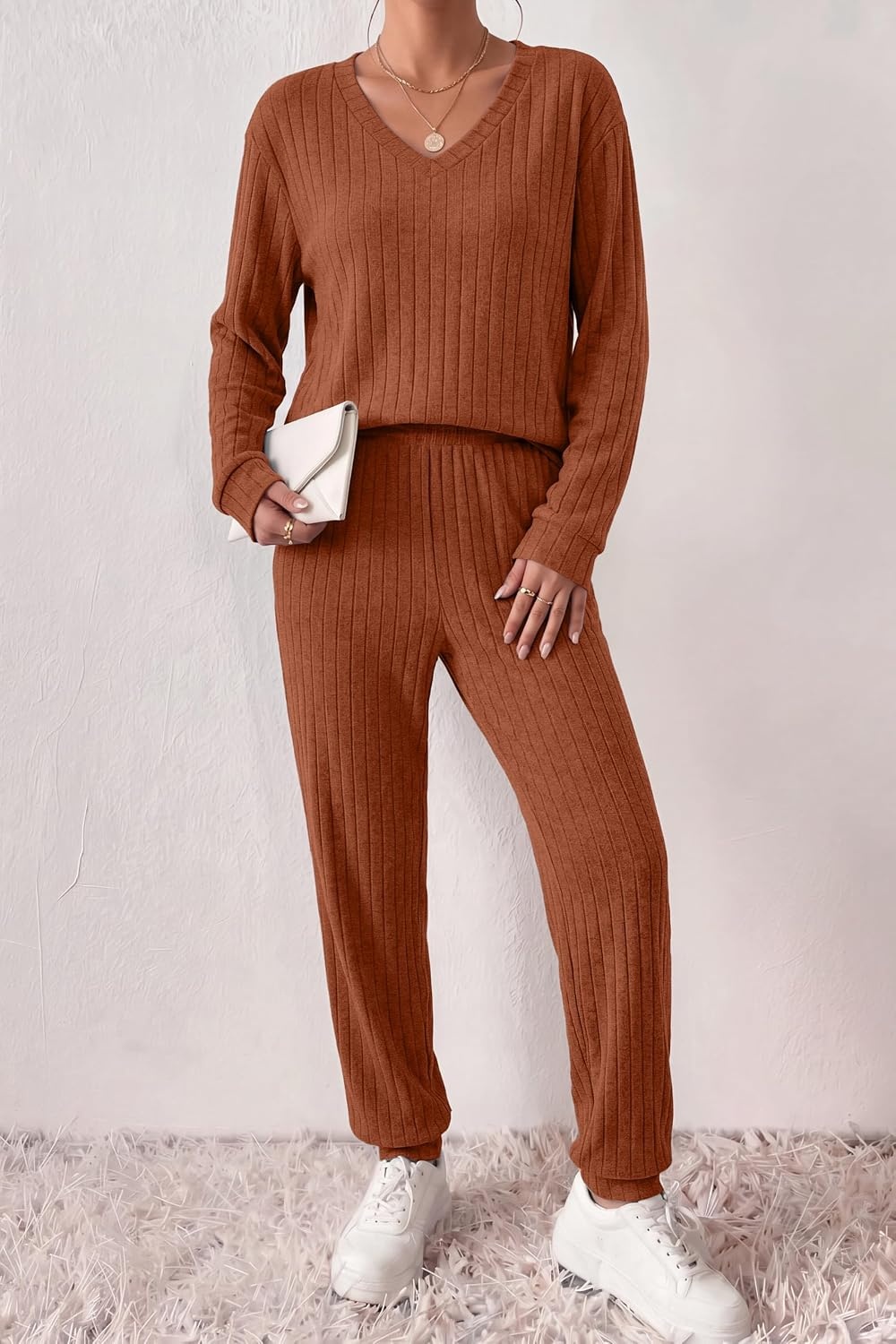 image:imageEkouaer Womens 2 Piece Long Sleeve Lounge Set Ribbed Knit Pajamas Set Ribbed Knit Fabric Soft Lounge Sets Fall Sleepwear Airport Outfits Jogger Pants With Pockets Matching Track SuitsCaramel