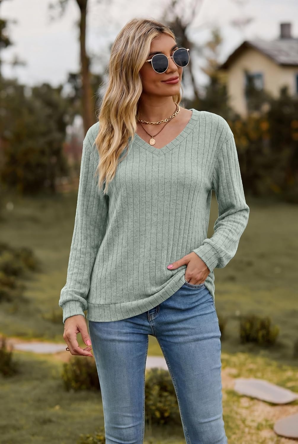 image:imageEkouaer Womens 2 Piece Long Sleeve Lounge Set Ribbed Knit Pajamas Set Ribbed Knit Fabric Soft Lounge Sets Fall Sleepwear Airport Outfits Jogger Pants With Pockets Matching Track SuitsLight Green