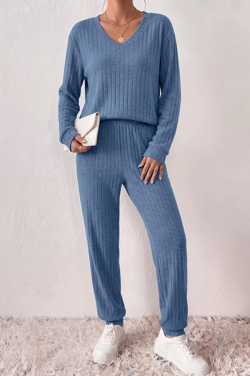 image:imageEkouaer Womens 2 Piece Long Sleeve Lounge Set Ribbed Knit Pajamas Set Ribbed Knit Fabric Soft Lounge Sets Fall Sleepwear Airport Outfits Jogger Pants With Pockets Matching Track SuitsBluegrey
