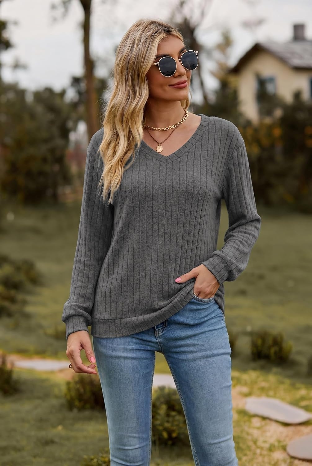 image:imageEkouaer Womens 2 Piece Long Sleeve Lounge Set Ribbed Knit Pajamas Set Ribbed Knit Fabric Soft Lounge Sets Fall Sleepwear Airport Outfits Jogger Pants With Pockets Matching Track SuitsDak Grey