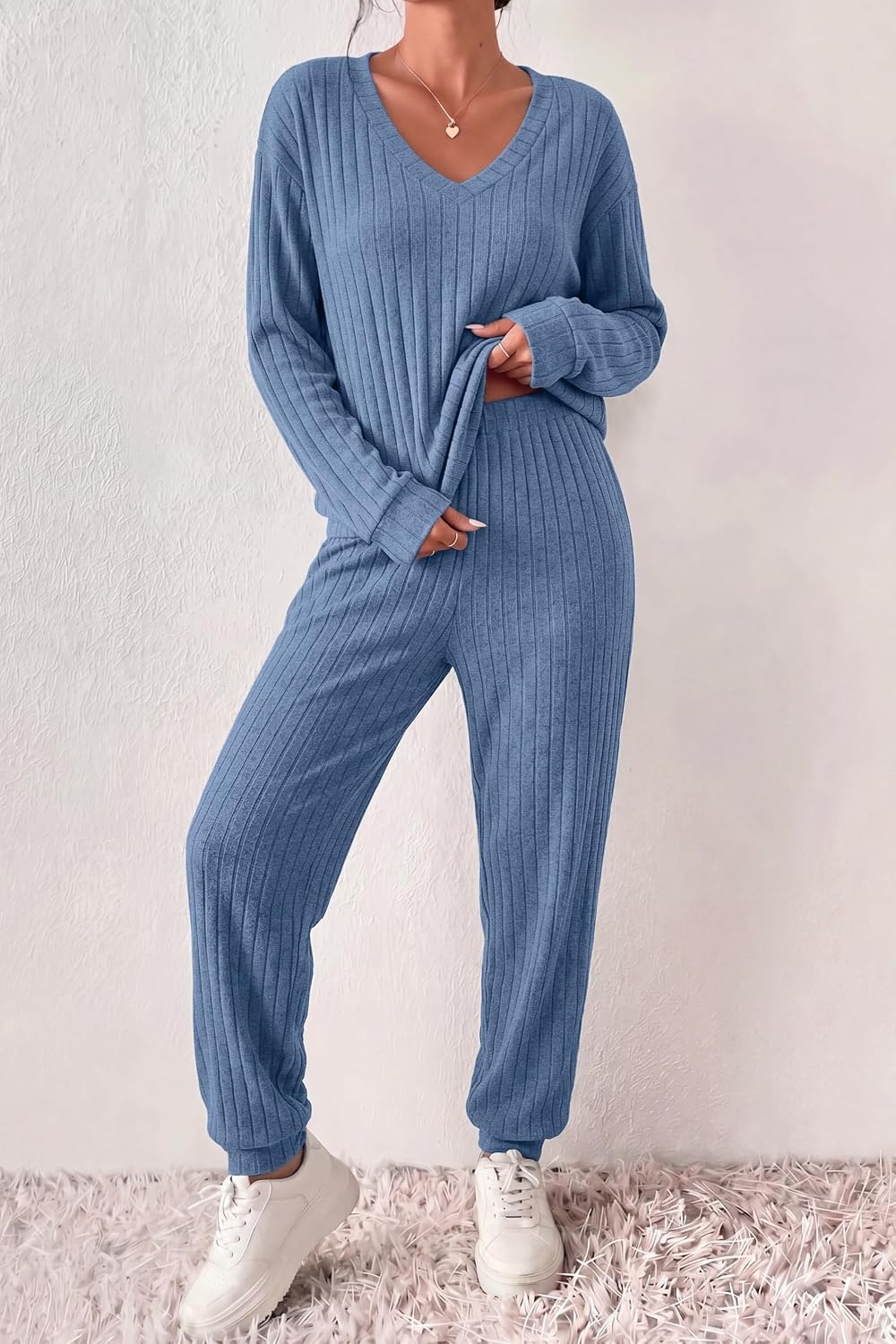 image:imageEkouaer Womens 2 Piece Long Sleeve Lounge Set Ribbed Knit Pajamas Set Ribbed Knit Fabric Soft Lounge Sets Fall Sleepwear Airport Outfits Jogger Pants With Pockets Matching Track SuitsBluegrey