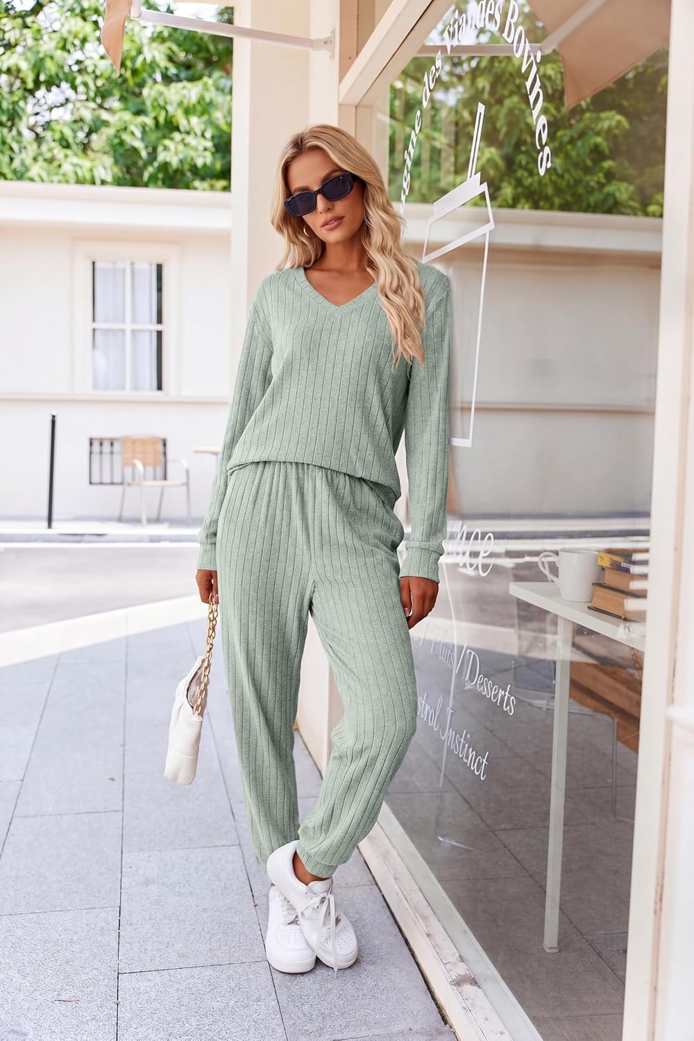 image:imageEkouaer Womens 2 Piece Long Sleeve Lounge Set Ribbed Knit Pajamas Set Ribbed Knit Fabric Soft Lounge Sets Fall Sleepwear Airport Outfits Jogger Pants With Pockets Matching Track SuitsLight Green