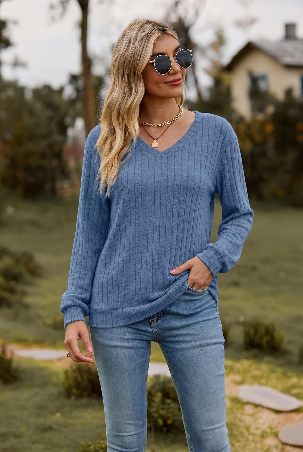 image:imageEkouaer Womens 2 Piece Long Sleeve Lounge Set Ribbed Knit Pajamas Set Ribbed Knit Fabric Soft Lounge Sets Fall Sleepwear Airport Outfits Jogger Pants With Pockets Matching Track SuitsBluegrey
