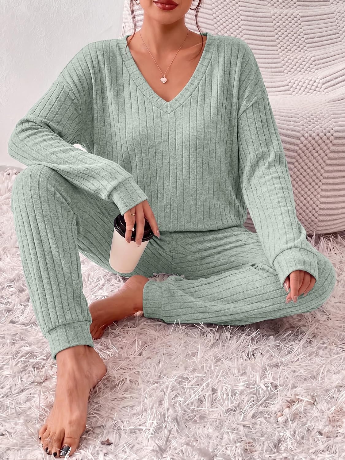 image:imageEkouaer Womens 2 Piece Long Sleeve Lounge Set Ribbed Knit Pajamas Set Ribbed Knit Fabric Soft Lounge Sets Fall Sleepwear Airport Outfits Jogger Pants With Pockets Matching Track SuitsLight Green
