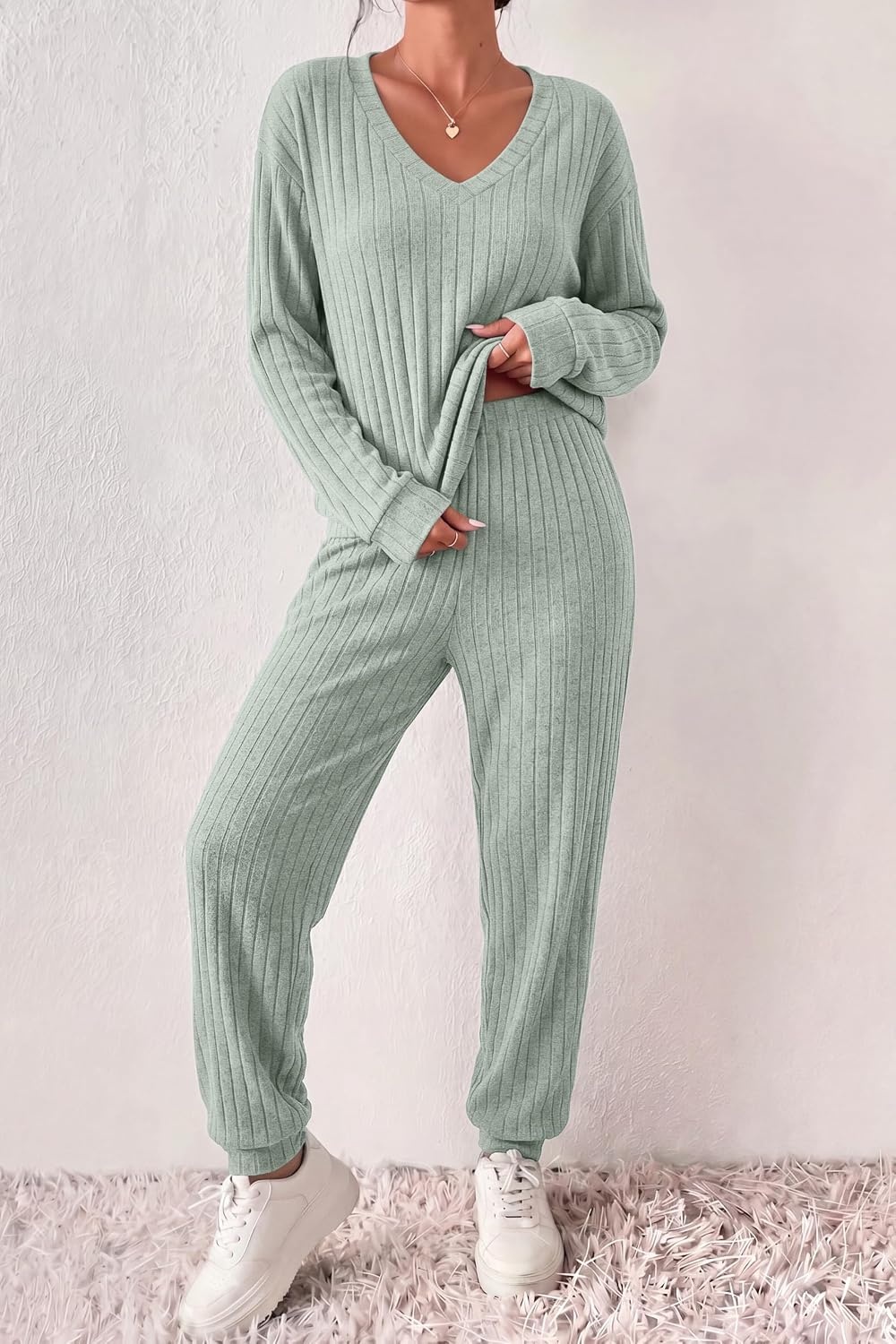 image:imageEkouaer Womens 2 Piece Long Sleeve Lounge Set Ribbed Knit Pajamas Set Ribbed Knit Fabric Soft Lounge Sets Fall Sleepwear Airport Outfits Jogger Pants With Pockets Matching Track SuitsLight Green