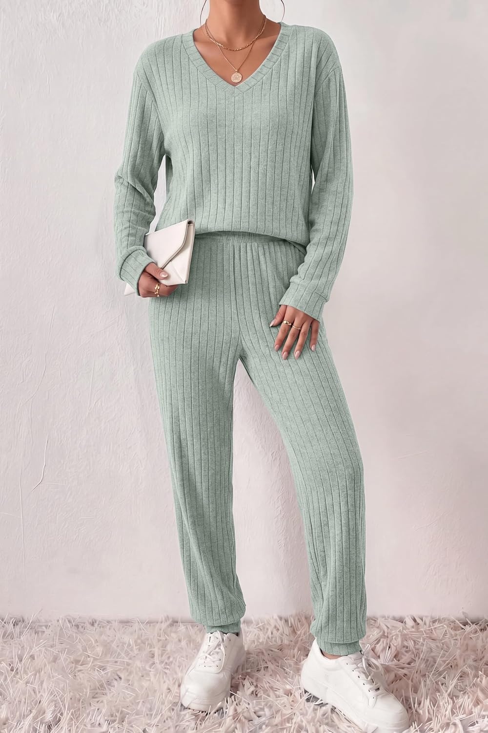 image:imageEkouaer Womens 2 Piece Long Sleeve Lounge Set Ribbed Knit Pajamas Set Ribbed Knit Fabric Soft Lounge Sets Fall Sleepwear Airport Outfits Jogger Pants With Pockets Matching Track SuitsLight Green
