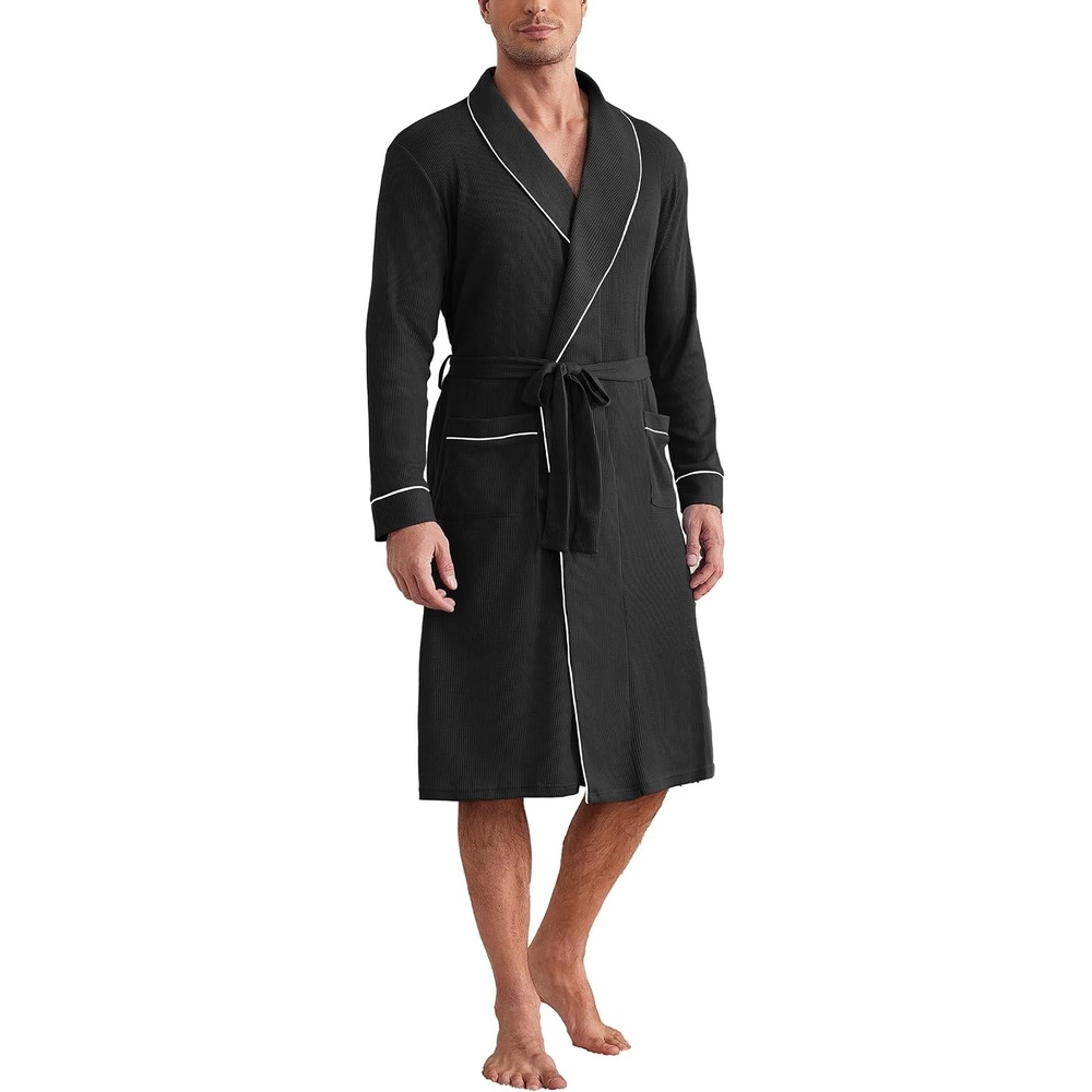 image:imageEkouaer Mens Robes Lightweight Waffle Knit Kimono Bathrobe Long Sleeve Sleepwear Soft Knee Length Robe with PocketsBlack