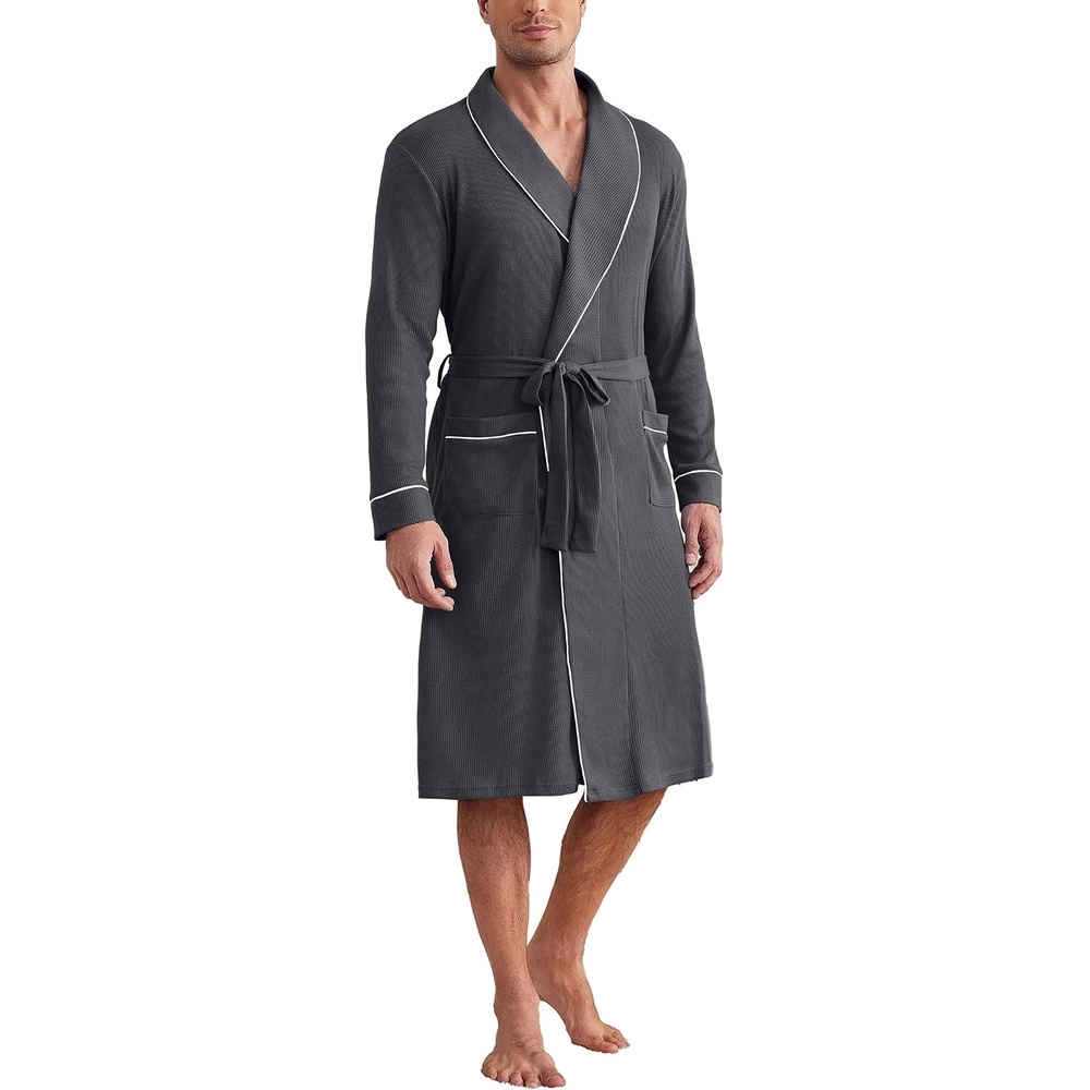 image:imageEkouaer Mens Robes Lightweight Waffle Knit Kimono Bathrobe Long Sleeve Sleepwear Soft Knee Length Robe with PocketsDark Grey