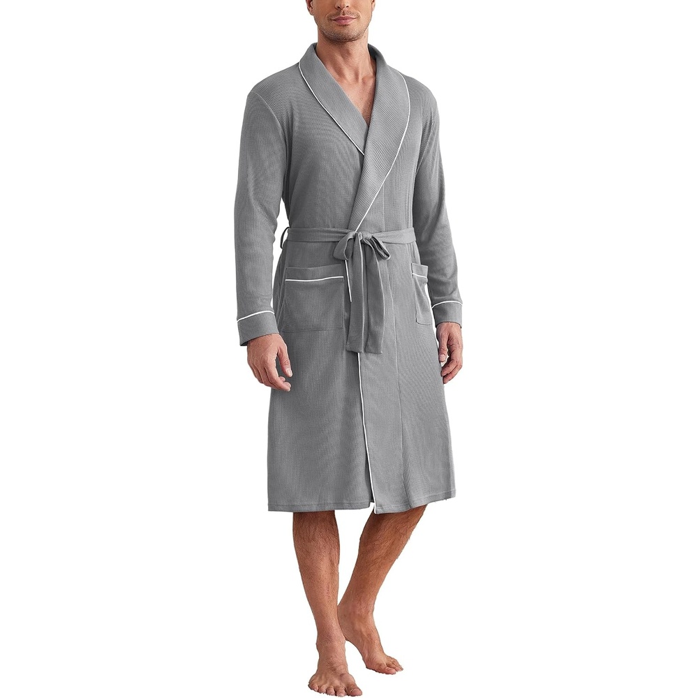 image:imageEkouaer Mens Robes Lightweight Waffle Knit Kimono Bathrobe Long Sleeve Sleepwear Soft Knee Length Robe with PocketsLight Grey
