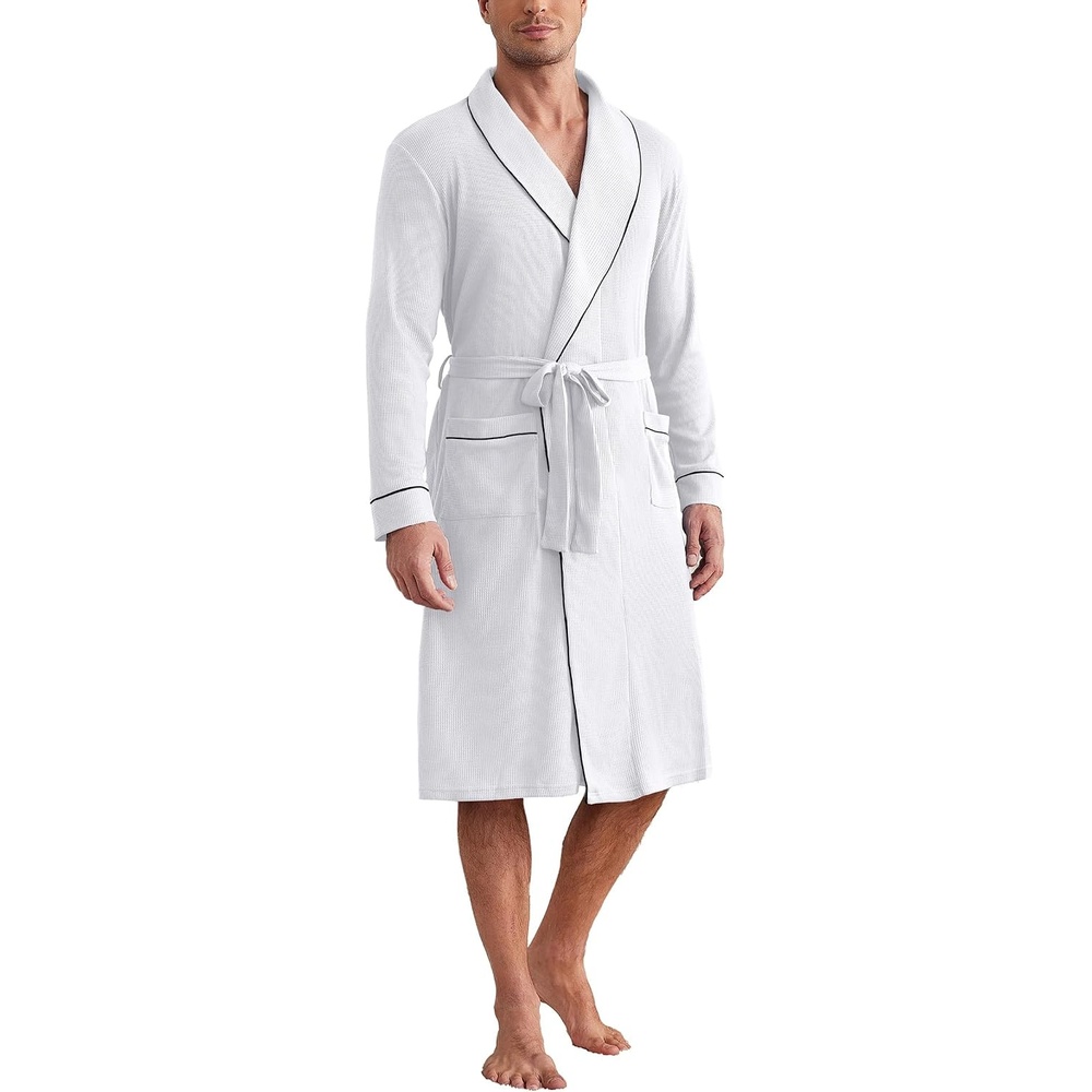 image:imageEkouaer Mens Robes Lightweight Waffle Knit Kimono Bathrobe Long Sleeve Sleepwear Soft Knee Length Robe with PocketsWhite