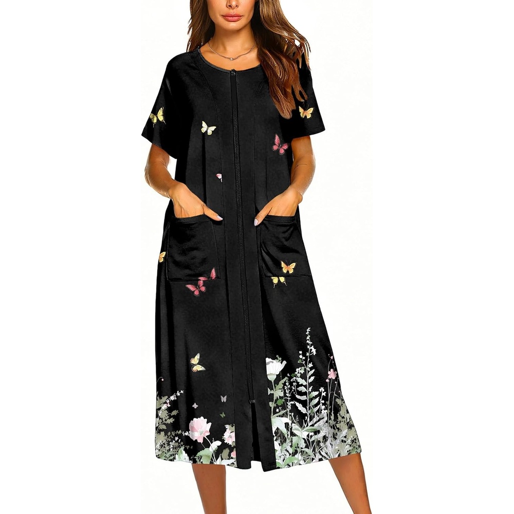 image:imageEkouaer Robes For Women Zipper Bathrobe Short Sleeve Duster With Pockets Zipper Front House Coat Lightweight Sleepwear Plus Size Loungewear Ladies Nightgown for Mother Postoperative Gown SleepBlack Butterfly Gradient