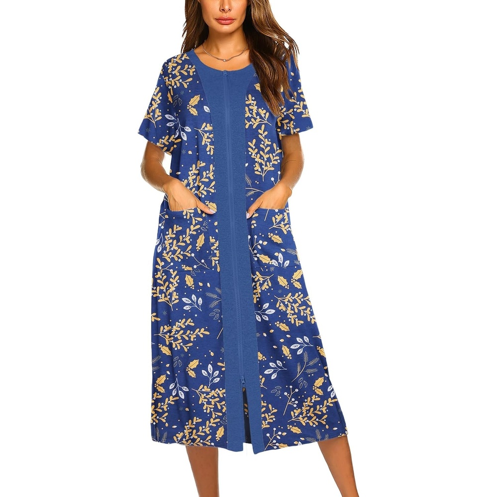 image:imageEkouaer Robes For Women Zipper Bathrobe Short Sleeve Duster With Pockets Zipper Front House Coat Lightweight Sleepwear Plus Size Loungewear Ladies Nightgown for Mother Postoperative Gown SleepAleaf Print