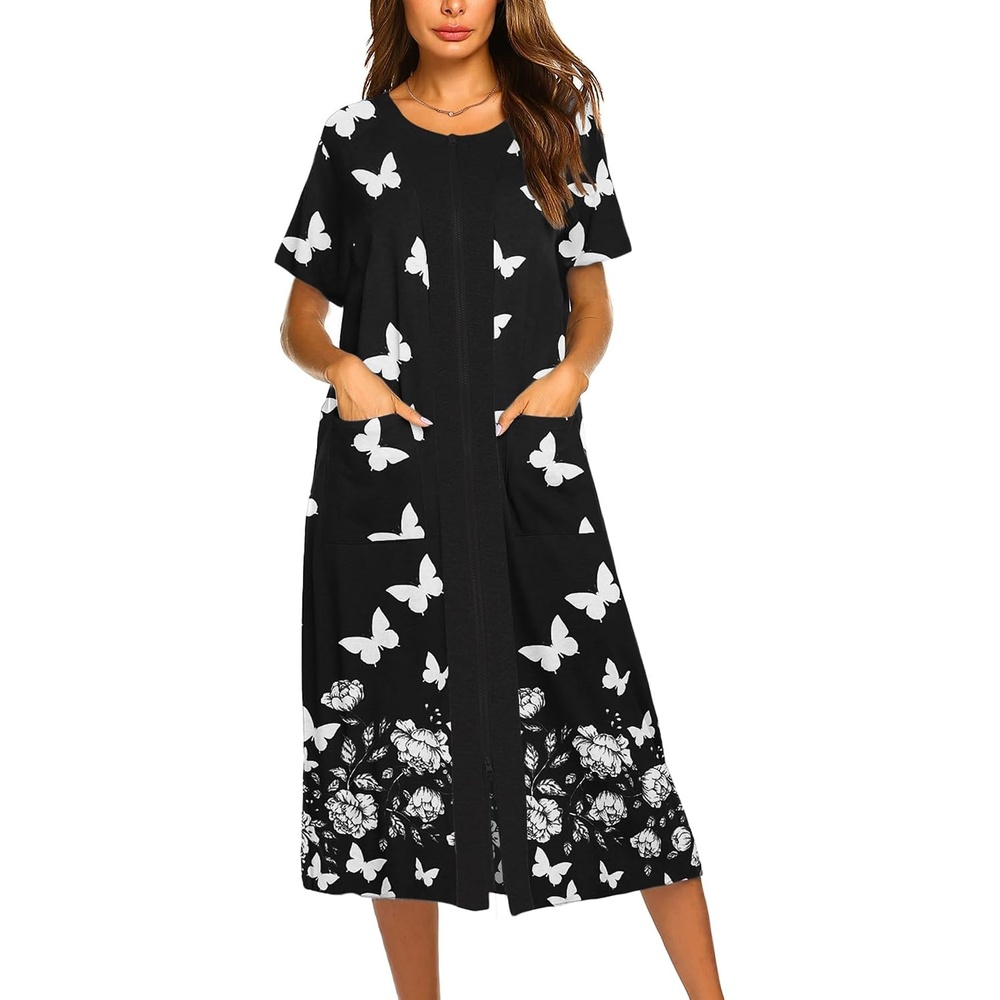 image:imageEkouaer Robes For Women Zipper Bathrobe Short Sleeve Duster With Pockets Zipper Front House Coat Lightweight Sleepwear Plus Size Loungewear Ladies Nightgown for Mother Postoperative Gown SleepPat9
