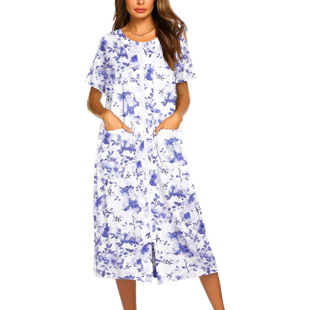 image:imageEkouaer Robes For Women Zipper Bathrobe Short Sleeve Duster With Pockets Zipper Front House Coat Lightweight Sleepwear Plus Size Loungewear Ladies Nightgown for Mother Postoperative Gown SleepPurple Watercolor Flowers