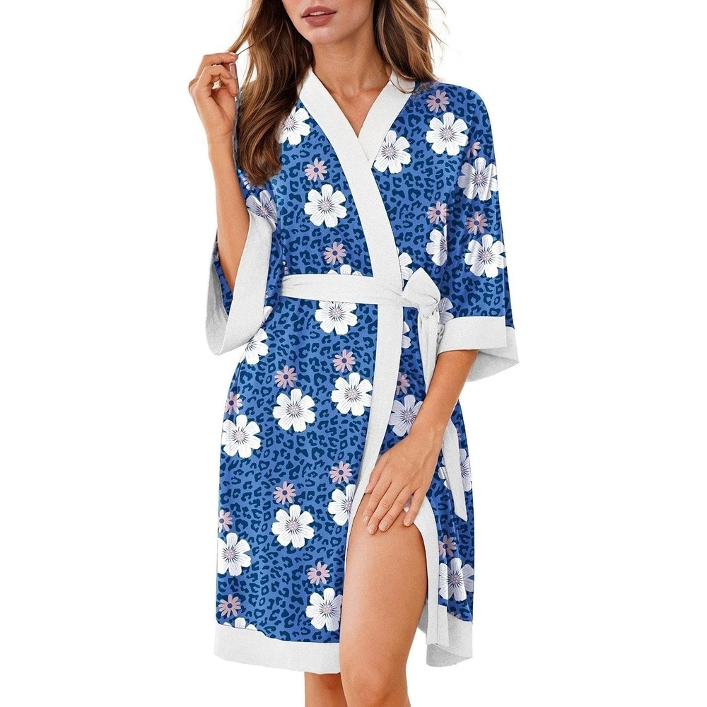 image:imageEkouaer Robes for Women Bathrobe Lightweight Robe 34 Sleeve Knit Sleepwear Summer Robe for Women with Pockets Knee Length Womens Robe Kimono SleepwearWhite Leopard Print