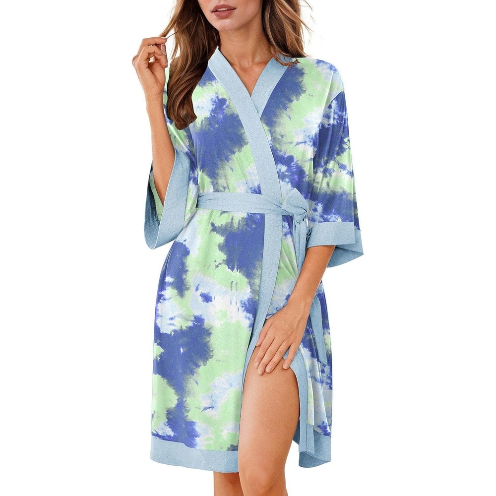 image:imageEkouaer Robes for Women Bathrobe Lightweight Robe 34 Sleeve Knit Sleepwear Summer Robe for Women with Pockets Knee Length Womens Robe Kimono SleepwearGreen Tie Dye