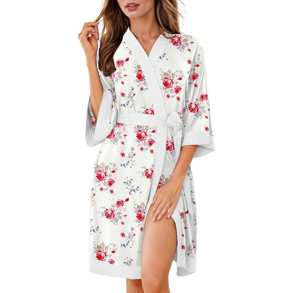 image:imageEkouaer Robes for Women Bathrobe Lightweight Robe 34 Sleeve Knit Sleepwear Summer Robe for Women with Pockets Knee Length Womens Robe Kimono SleepwearWhite Red Flowers