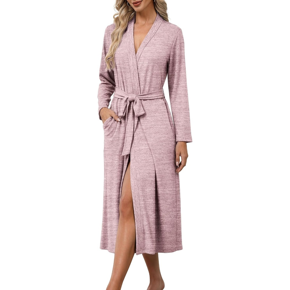 image:imageEkouaer Robes for Women Lightweight Long Bathrobe Soft Knit Bath Robe S2XL  Soft Knit Bath Robe Inner Tie and Fixed Outer Belt Great for Bathing Lounging SleepingLight Pink