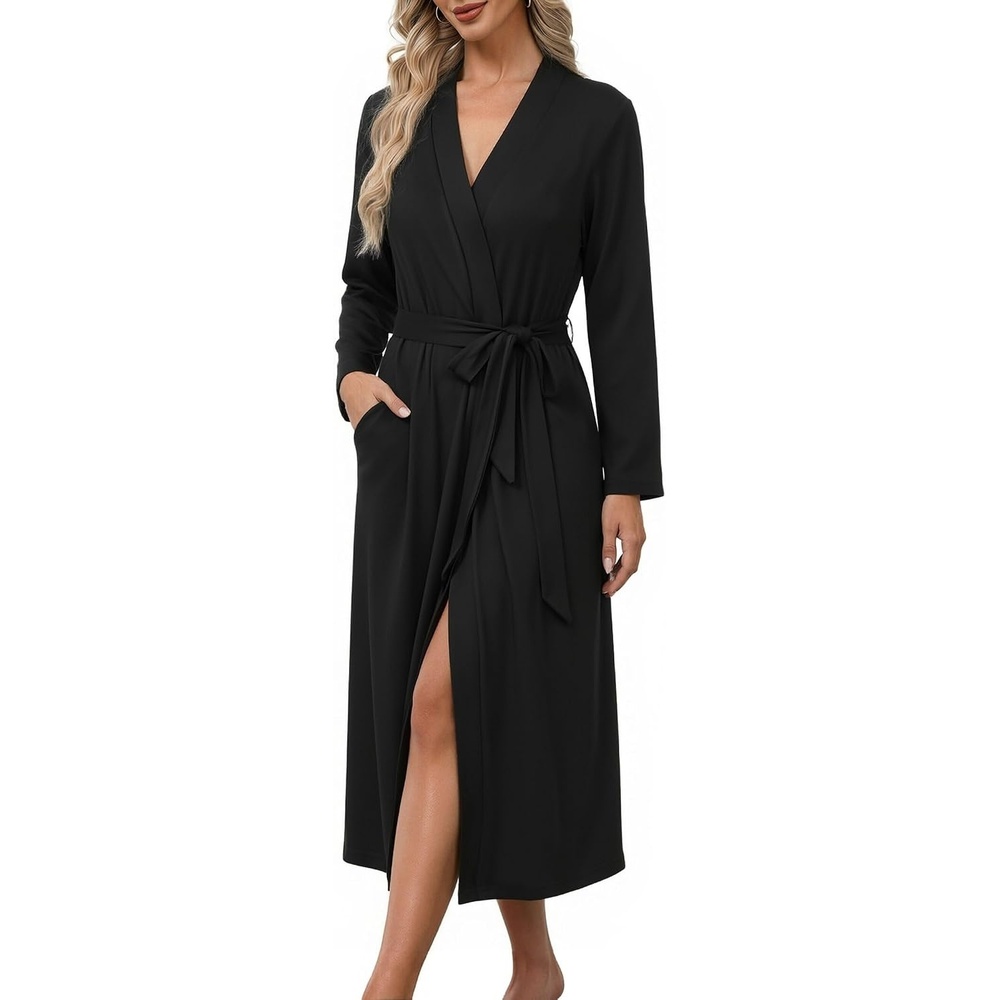 image:imageEkouaer Robes for Women Lightweight Long Bathrobe Soft Knit Bath Robe S2XL Soft Knit Bath Robe Inner Tie and Fixed Outer Belt Great for Bathing Lounging SleepingBlack