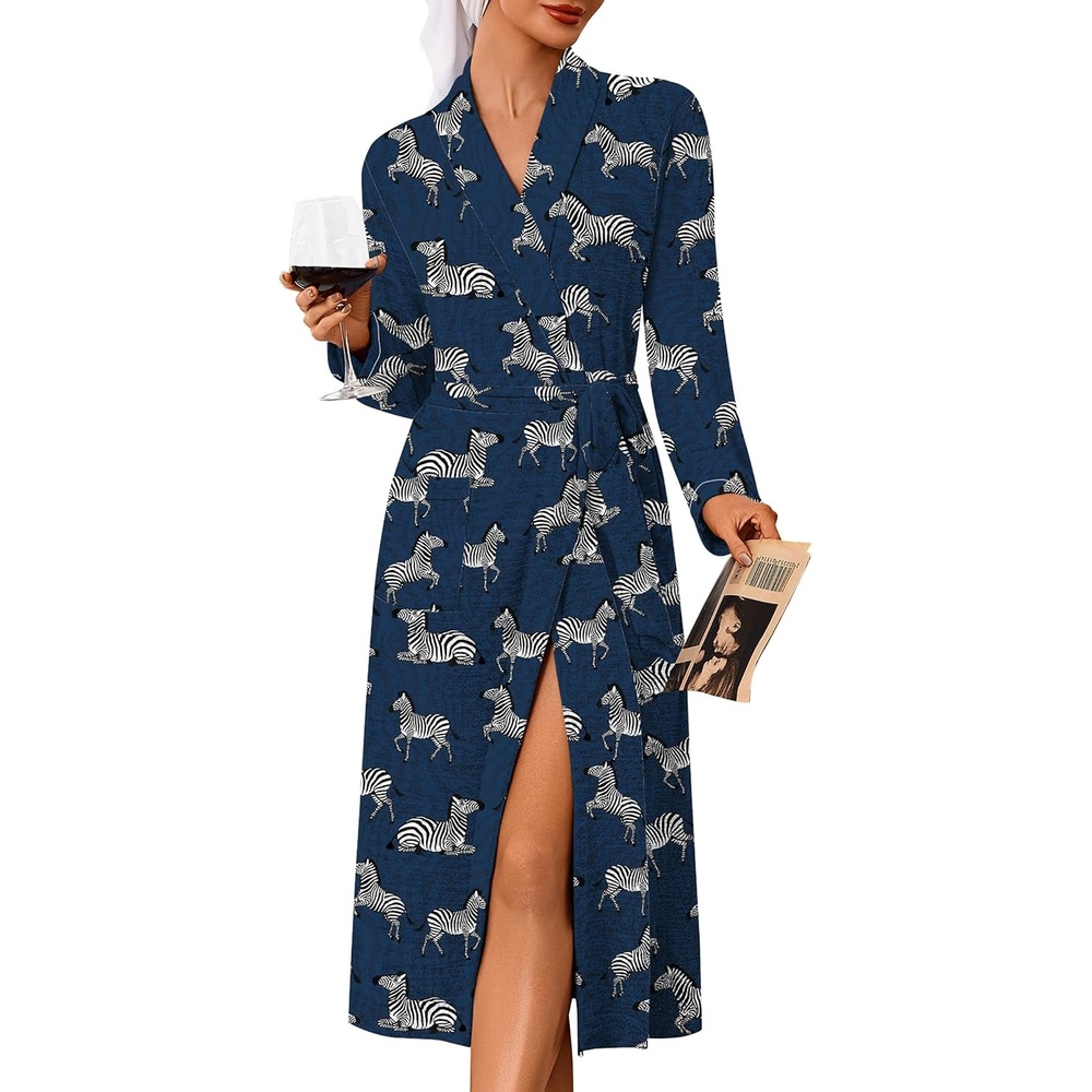image:imageEkouaer Robes for Women Long Knit Bathrobe Soft Lightweight Kimono Robes Womens Long Robes Soft Long Sleeve BathRobes with Pockets Ladies Mid Calf Length Casual Sleepwear with Inner Tie Outer BeltZebra Print