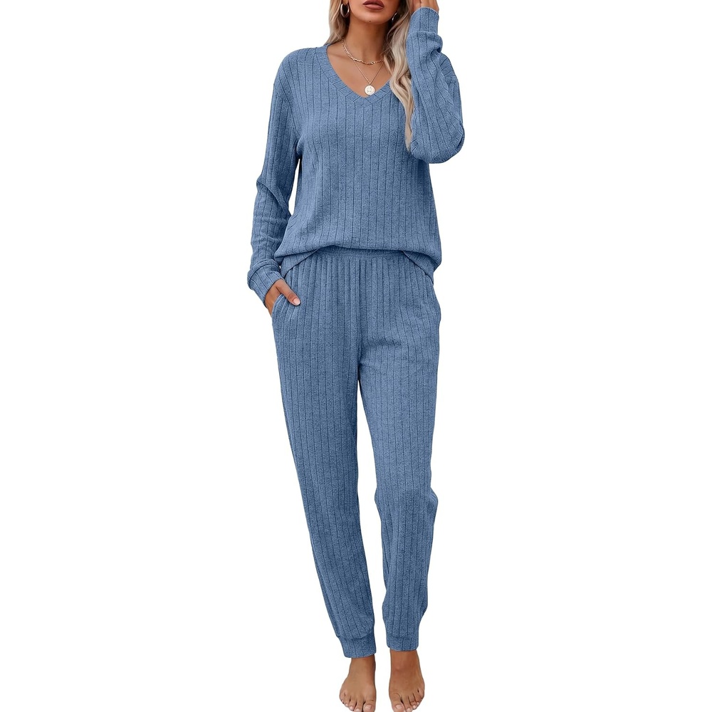 image:imageEkouaer Womens 2 Piece Long Sleeve Lounge Set Ribbed Knit Pajamas Set Ribbed Knit Fabric Soft Lounge Sets Fall Sleepwear Airport Outfits Jogger Pants With Pockets Matching Track SuitsBluegrey