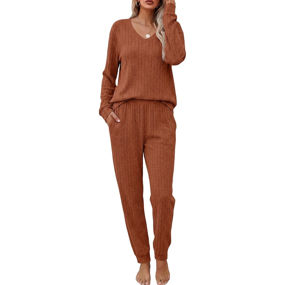 image:imageEkouaer Womens 2 Piece Long Sleeve Lounge Set Ribbed Knit Pajamas Set Ribbed Knit Fabric Soft Lounge Sets Fall Sleepwear Airport Outfits Jogger Pants With Pockets Matching Track SuitsCaramel